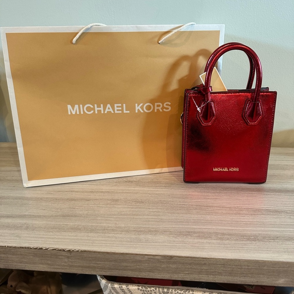 Michael Kors Extra Small Crossbody Shopper- Metallic Red/Crimson NWT